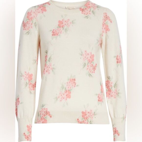 Rebecca Taylor- Maia Fleur Sweater Vanilla Combo Pink Floral 100% Wool, Size M - Picture 1 of 16